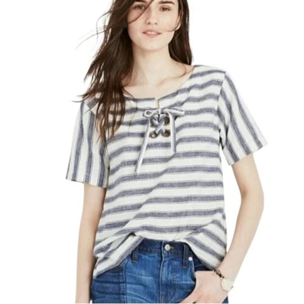 Madewell Y Nautical Blue & White Linen Blend Striped Lace Up Top